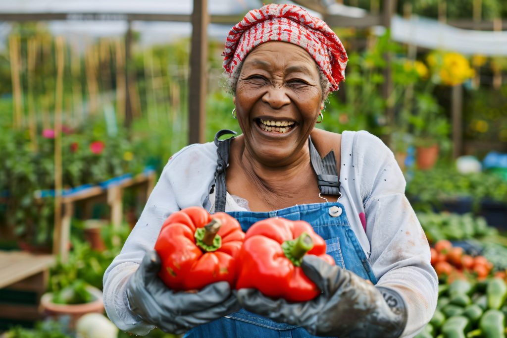 A woman harvesting capsicum at Muthaka Farms